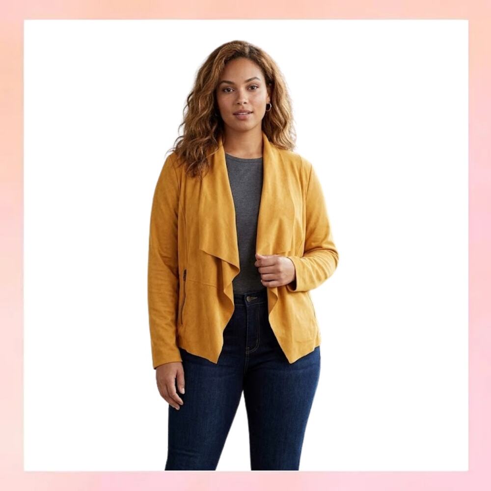 Bagatelle Collection Faux Suede Draped Open Front Jacket - Mustard Yellow